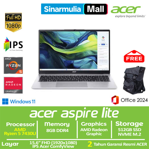 ACER Aspire Lite AL15-42P Ryzen 5 7430U 512GB SSD 8GB  FHD IPS Win11+OHS6