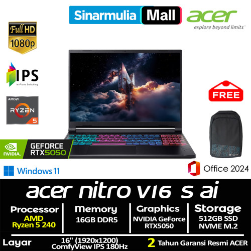 ACER Nitro V16S AI ANV16S-41 Ryzen 5 240 RTX5050 512GB SSD 16GB FHD IPS 180Hz Win11+OHS6