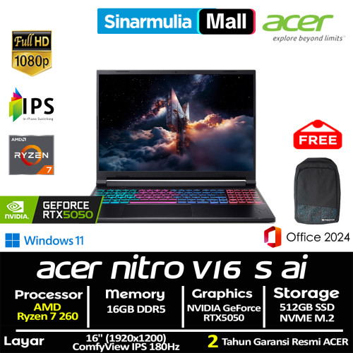 ACER Nitro V16S AI ANV16S-41 Ryzen 7 260 RTX5050 512GB SSD 16GB FHD IPS 180Hz Win11+OHS