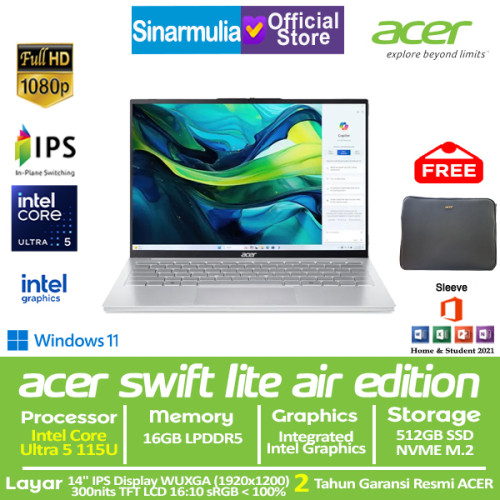 ACER Swift Lite 14 Air Edition SFL14-54M Ultra 5 115U 512GB SSD 16GB WUXGA IPS Win11+OHS