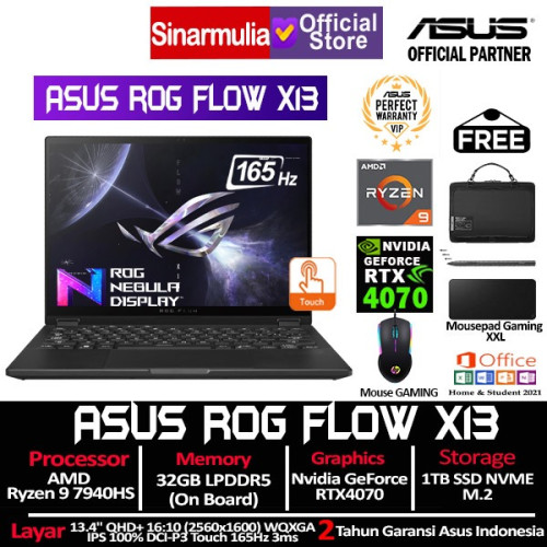 ASUS ROG Flow X13 GV302XI Ryzen 9 7940HS RTX4070 1TB SSD 32GB 165Hz Touch Win11+OHS