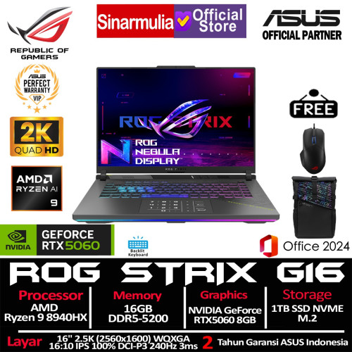ASUS ROG Strix G16 G614PM Ryzen 9 8940HX RTX5060 1TB SSD 16GB 2.5K IPS 100%sRGB 240Hz 3ms Win11+OHS ASUS ROG Strix G16 G614PM Ryzen 9 8940HX RTX5060 1TB SSD 16GB 2.5K IPS 100%sRGB 240Hz 3ms Win11+OHS