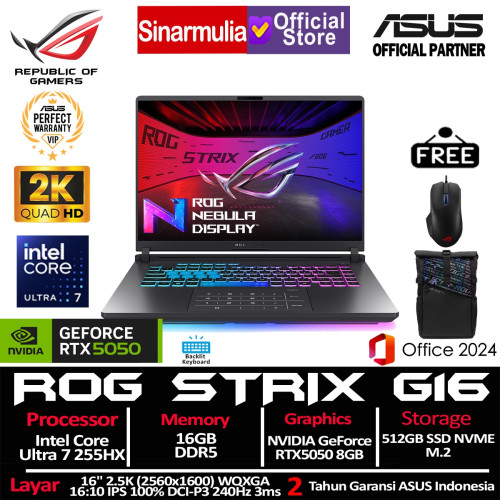 ASUS ROG Strix G16 G615LH Ultra 7 255HX RTX5050 512GB SSD 16GB 2.5K WQXGA 100%sRGB 240Hz 3ms Win11+OHS4