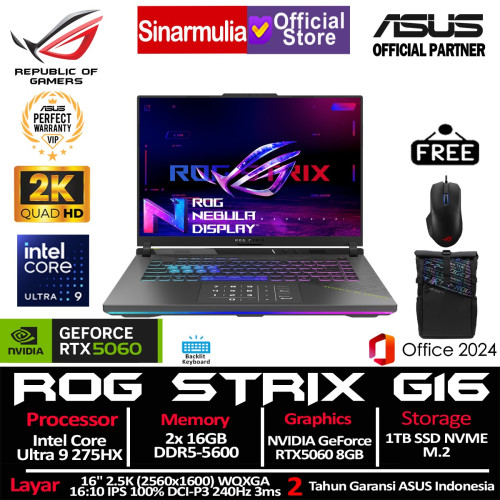 ASUS ROG Strix G16 G615LM Ultra 9 275HX RTX5060 1TB SSD 32GB 2.5K WQXGA 100%sRGB 240Hz 3ms Win11+OHS