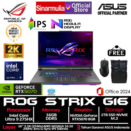 ASUS ROG Strix G16 G615LP Ultra 9 275HX RTX5070 1TB SSD 32GB 2.5K WQXGA 100%sRGB 240Hz 3ms Win11+OHS2