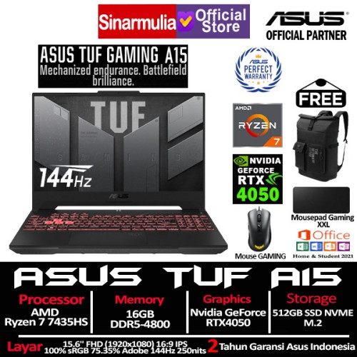 ASUS TUF A15 FA507NUR Ryzen 7 7435HS RTX4050 512GB SSD 16GB IPS 100%sRGB Win11+OHS
