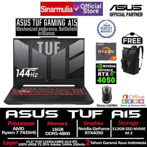 ASUS TUF A15 FA507NUR Ryzen 7 7435HS RTX4050 512GB SSD 16GB IPS 100%sRGB Win11+OHS7