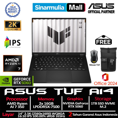ASUS TUF Gaming A14 FA401KM Ryzen AI 7 350 RTX5060 1TB SSD 32GB 2.5K WQXGA 165Hz IPS 100%sRGB Win11+OHS3