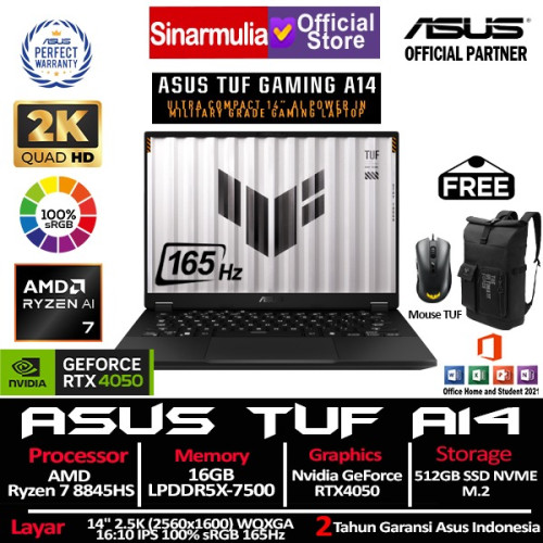 ASUS TUF Gaming A14 FA401UU Ryzen 7 8845HS RTX4050 512GB SSD 16GB 2.5K 165Hz 100%sRGB Win11+OHS