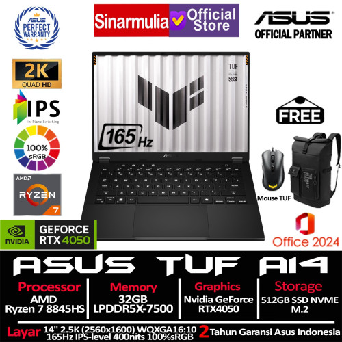 ASUS TUF Gaming A14 FA401UU Ryzen 7 8845HS RTX4050 512GB SSD 32GB 2.5K WQXGA 165Hz IPS 100%sRGB Win11+OHS