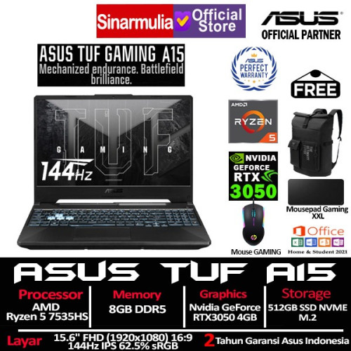 ASUS TUF Gaming A15 FA506NC Ryzen 5 7535HS RTX3050 512GB SSD 8GB 144Hz Win11+OHS