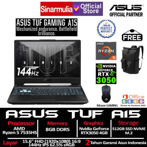 ASUS TUF Gaming A15 FA506NC Ryzen 5 7535HS RTX3050 512GB SSD 8GB 144Hz Win11+OHS6