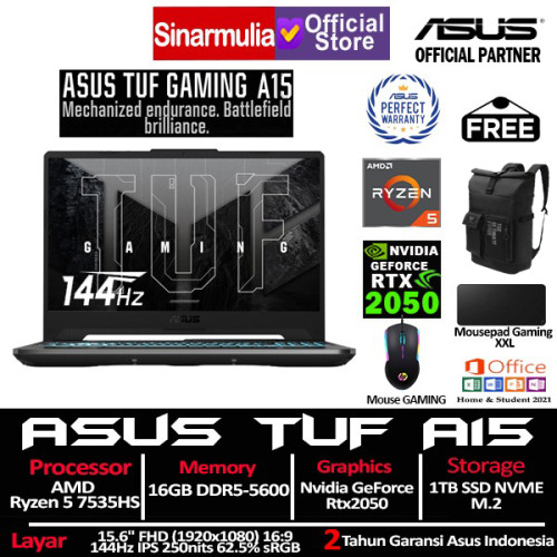 ASUS TUF Gaming A15 FA506NF Ryzen 5 7535HS RTX2050 512GB SSD 16GB 144Hz IPS Win11+OHS