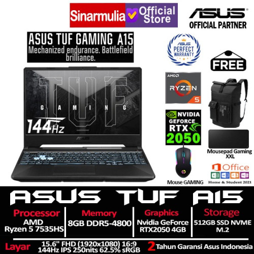 ASUS TUF Gaming A15 FA506NF Ryzen 5 7535HS RTX2050 512GB SSD 8GB IPS Win11+OHS