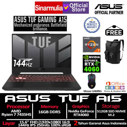 ASUS TUF Gaming A15 FA507NVR Ryzen 7 7435HS RTX4060 512GB SSD 16GB 144Hz 100%sRGB Win11+OHS1