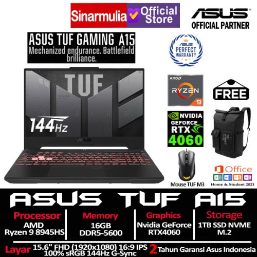 ASUS TUF Gaming A15 FA507UV Ryzen 9 8945HS RTX4060 1TB 16GB 144Hz 100%sRGB Win11+OHS