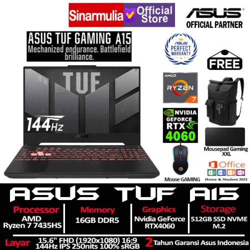 ASUS TUF Gaming A15 Ryzen 7 7435HS RTX4060 512GB SSD 16GB 144Hz 100%sRGB Win11+OHS
