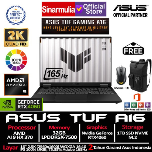 ASUS TUF Gaming A16 FA608WV Ryzen AI 9 HX370 RTX4060 1TB SSD 32GB 2.5K 165Hz 100%sRGB Win11+OHS