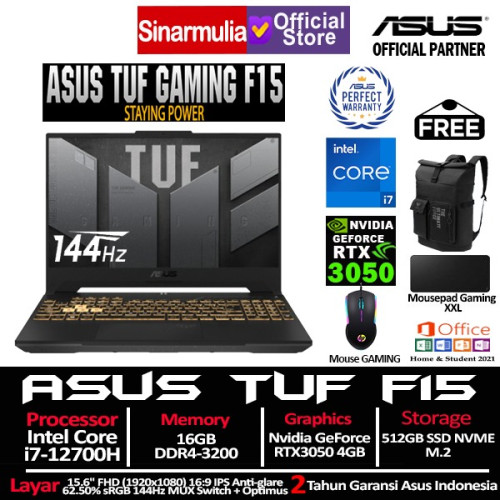 ASUS TUF Gaming F15 FX507ZC4 i7-12700H RTX3050 512GB SSD 16GB 144Hz IPS Win11+OHS