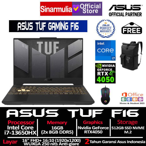 ASUS TUF Gaming F16 FX607JU i7-13650HX RTX4050 512GB SSD 16GB FHD+ Win11+OHS