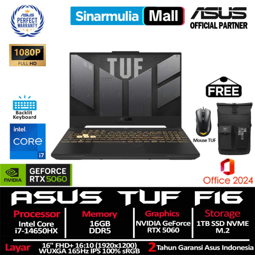 ASUS TUF Gaming F16 FX608JMR i7-14650HX RTX5060 1TB SSD 16GB WUXGA FHD+ IPS 165Hz 100% sRGB Win11+OHS