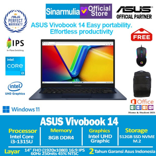 ASUS Vivobook 14 A1404VA i3-1315U 512GB SSD 8GB IPS Win11+OHS