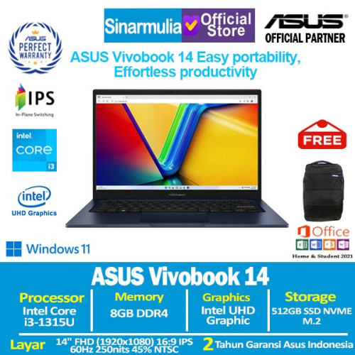 ASUS Vivobook 14 A1404VA i3-1315U 512GB SSD 8GB IPS Win11+OHS