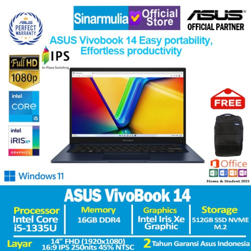 ASUS Vivobook 14 A1404VA i5-1335U 512GB SSD 16GB IPS Win11+OHS