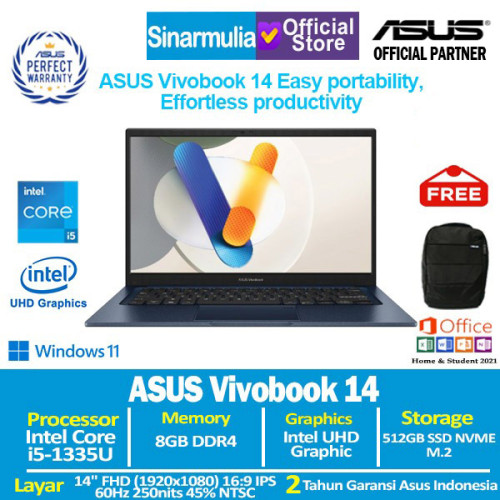 ASUS Vivobook 14 A1404VA i5-1335U 512GB SSD 8GB IPS Win11+OHS