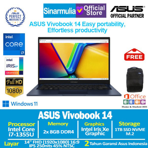 ASUS Vivobook 14 A1404VA i7-1355U 1TB SSD 16GB FHD IPS Win11+OHS9