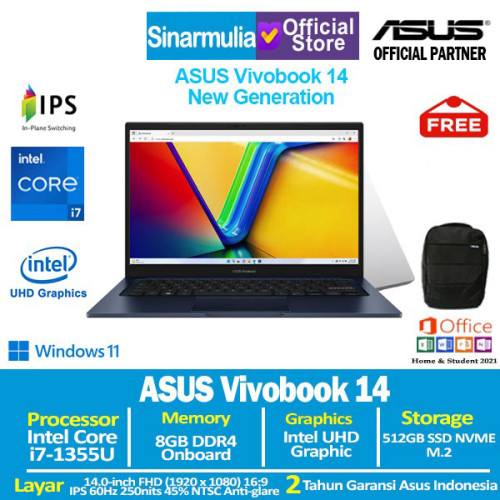 ASUS Vivobook 14 A1404VA i7-1355U 512GB SSD 8GB FHD IPS Win11+OHS