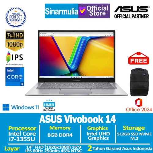 ASUS Vivobook 14 A1404VA i7-1355U 512GB SSD 8GB IPS FHD Win11+OHS