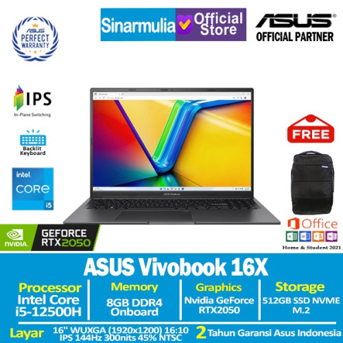 ASUS Vivobook 16X K3605ZF i5-12500H RTX2050 512GB SSD 8GB IPS WUXGA 144Hz Win11+OHS