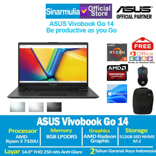 Asus Vivobook Go 14 E1404FA Ryzen 3 7320U 512GB SSD 8GB Win11+OHS