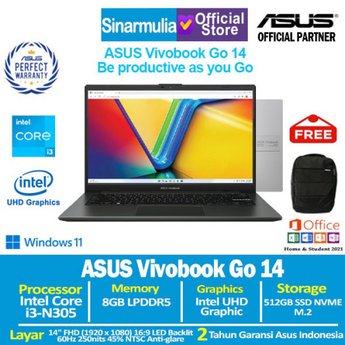 ASUS Vivobook Go 14 E1404GA i3-N305 512GB SSD 8GB 14 FHD Win11+OHS