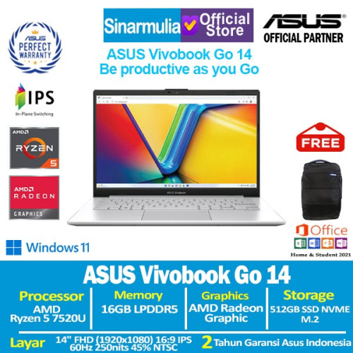ASUS Vivobook Go E1404FA Ryzen 5 7520U 512GB SSD 16GB IPS Win11+OHS