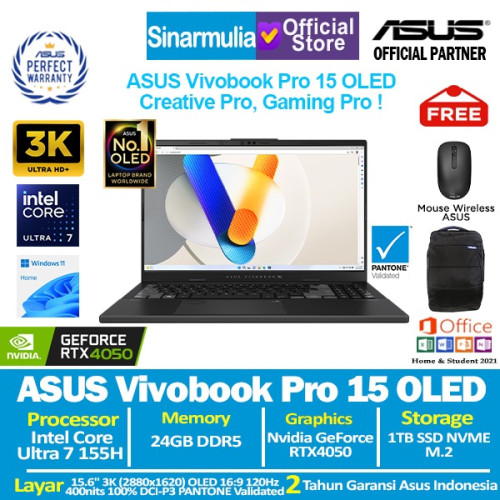 ASUS Vivobook Pro 15 OLED N6506MU Intel Ultra 7 155H RTX4050 1TB SSD 24GB 3K 120Hz Win11+OHS1