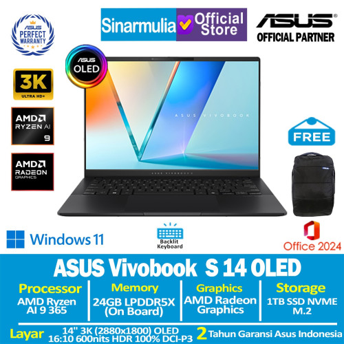 ASUS Vivobook S 14 OLED Ryzen AI 9 365 1TB SSD 24GB 3K 100%sRGB Win11+OHS