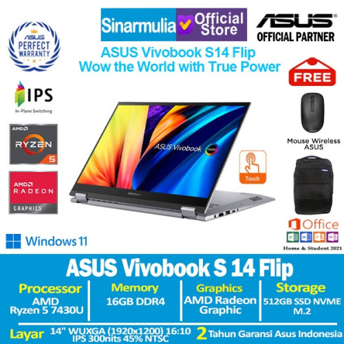 ASUS Vivobook S14 Flip TN3402YA Ryzen 5 7430U 512GB SSD 16GB IPS Win11+OHS