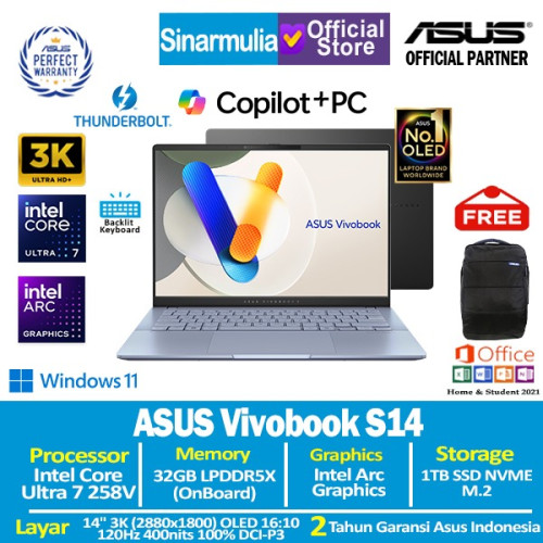 ASUS Vivobook S14 S5406SA Ultra 7 258V 1TB SSD 32GB OLED 3K 120Hz Win11+OHS