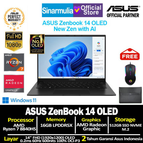 ASUS Zenbook 14 OLED UM3406HA Ryzen 7 8840HS 512GB SSD 16GB FHD Win11
