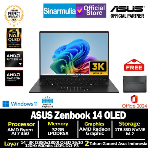 ASUS Zenbook 14 OLED UM3406KA Ryzen AI 7 350 1TB SSD 32GB 3K 120Hz 100%sRGB Win11+OHS