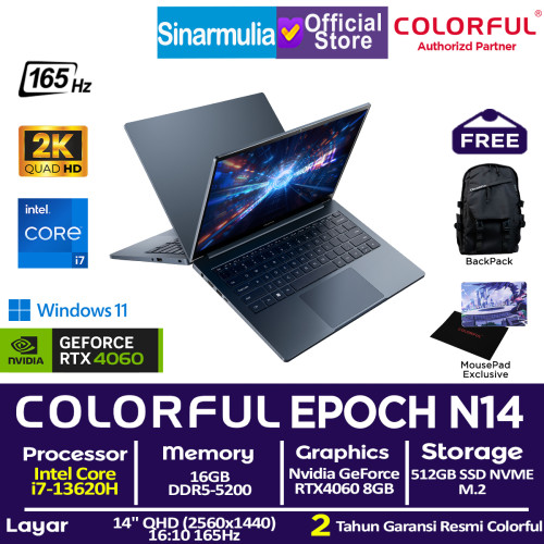 Laptop Gaming COLORFUL EPOCH N14 i7-13620H RTX4060 512GB SSD 16GB 2K QHD 165Hz Win11 Laptop Gaming COLORFUL EPOCH N14 i7-13620H RTX4060 512GB SSD 16GB 2K QHD 165Hz Win11