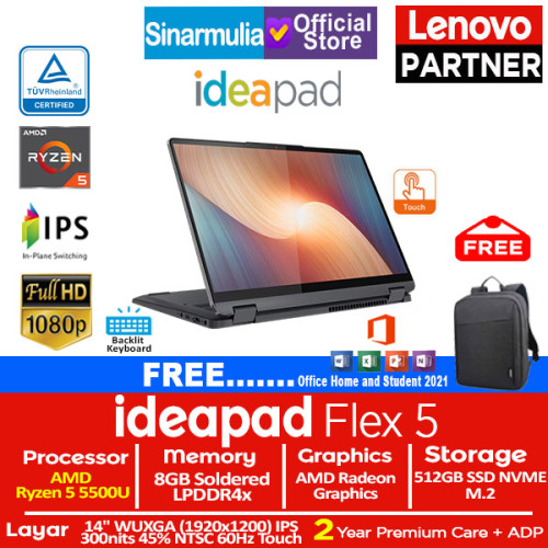 Lenovo IdeaPad Flex 5 Ryzen 5 5500U 512GB SSD 8GB WUXGA IPS Touch Win11+OHS