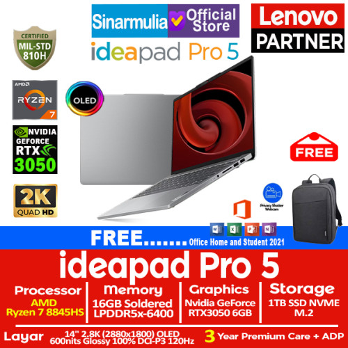 Lenovo Ideapad Pro 5 Ryzen 7 8845HS RTX3050 1TB SSD 16GB OLED 120Hz Win11+OHS10