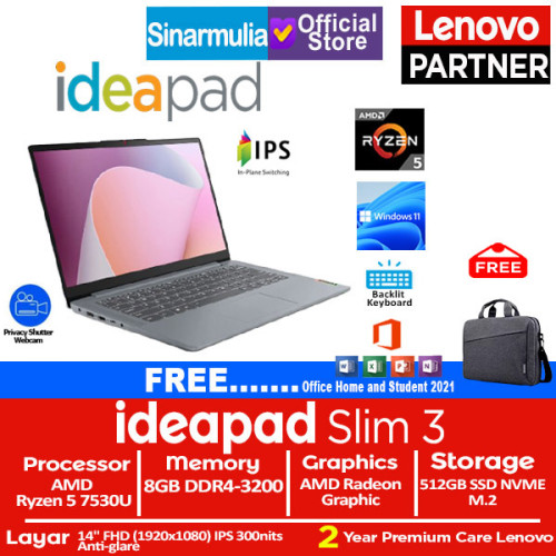 Lenovo Ideapad Slim 3 Ryzen 5 7530U 512GB SSD 8GB IPS Win11+OHS