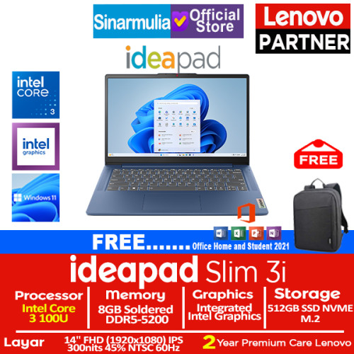 Lenovo Ideapad Slim 3i Core 3 100U 512GB SSD 8GB IPS Win11+OHS