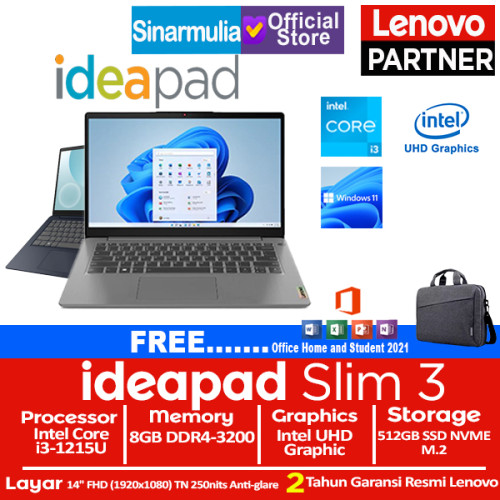 Lenovo Ideapad Slim 3i i3-1215U 512GB SSD 8GB 14" FHD Win11+OHS