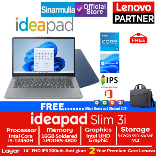 Lenovo Ideapad Slim 3i i5-12450H 512GB SSD 16GB IPS Win11+OHS