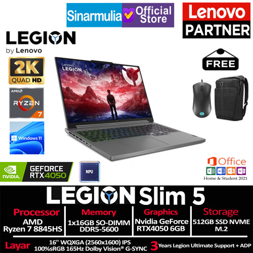 Lenovo Legion Slim 5 Ryzen 7 8845HS RTX4050 512GB SSD 16GB 165Hz 100%sRGB Win11+OHS